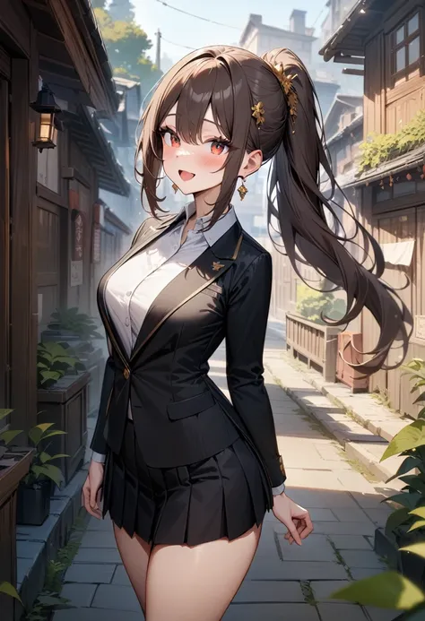 ((best quality)), ((masterpiece)), (detailed)),masterpiece, best quality, white shirt, black miniskirt, pleated skirt, dark brown hair, ponytail, long bangs, long hair, medium breasts, red eyes, hair ornament, golden earrings, black pantyhose, thighs, from...