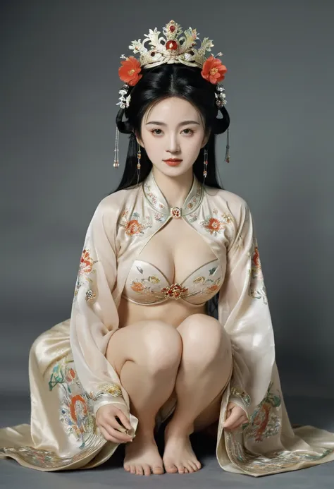 A naked woman seen from the front, bent over facing forward on the ground with her legs spread apart and her vagina visible. A Chinese empress from the Qing Dynasty, wearing a crown and showing her belly, thighs and feet.。She is completely naked, wearing a...