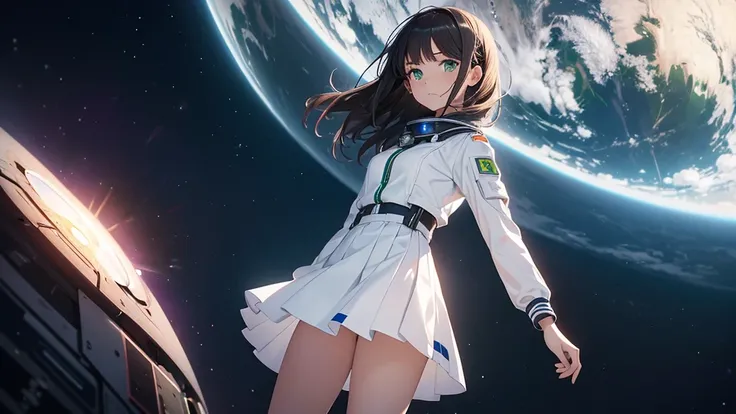 1 girl standing in space, planet in background, white uniform with short skirt, looking into distance, dark hair, beautiful face, beautiful green eyes, dark hair, high res, masterpiece