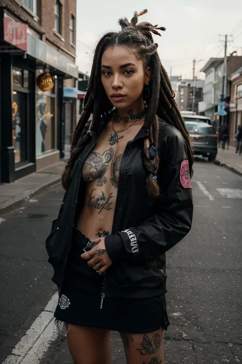 A beautifull woman, dreadlocks hair, tattooed, dreesing streetwear clothes, 8k, photo real, hyper detailed, cinematic