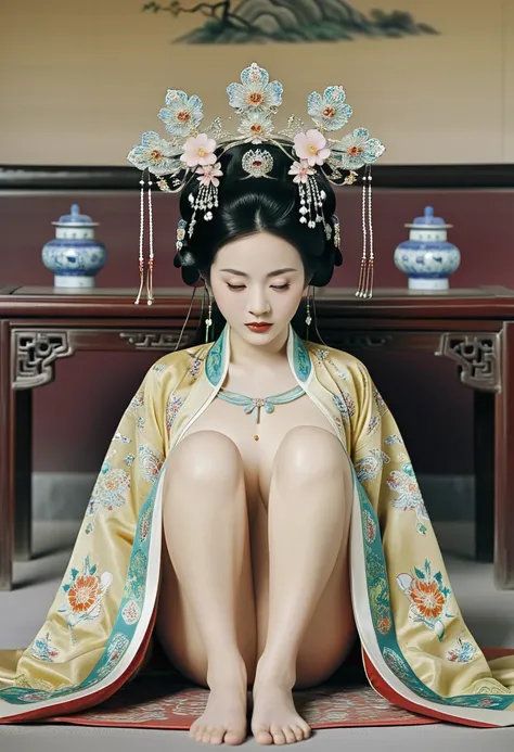 A naked woman seen from the front, bent over facing forward on the ground with her legs spread apart, exposing her vagina. A Chinese imperial court in the Qing dynasty. A room with a crown on her head, exposing her thighs and feet.。She is completely naked,...