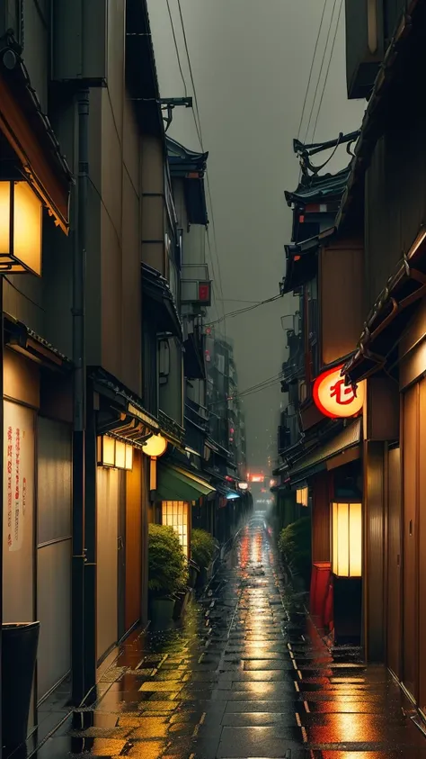 Night scene of the street in the rain，There are tables and umbrellas, Heavy rain in Tokyo at night, Rainy night, Rainy Night, Quiet Tokyo alley at night, Rainy night city street, Japanese Street, Rain at night, Rainy Night的城市, Japanese city at night, Rainy...