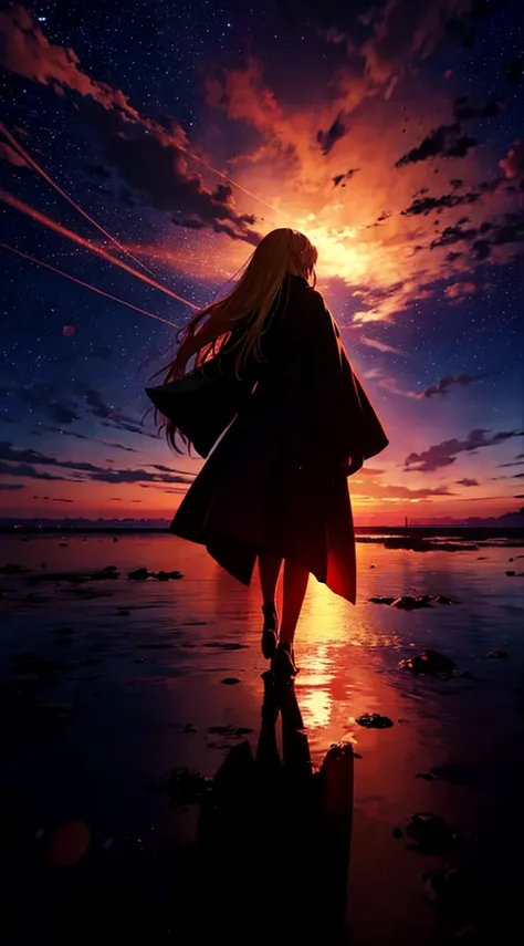 １people,Blonde long-haired woman，Long coat， Dress Silhouette， Rear View，Space Sky, , Anime Style, sunset，The boundary between sea and space，Hands reaching for the sky, Red and black tones