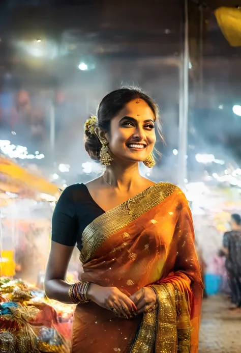 Bollywood indian female fashion mode,brown skin,dressed Sari,Happy expression on face,at the night market,backlight, extremely realistic, 8k, insane details, intricate details, cinematic color graded,Color Grading, Editorial Photography, Photography,sharp ...