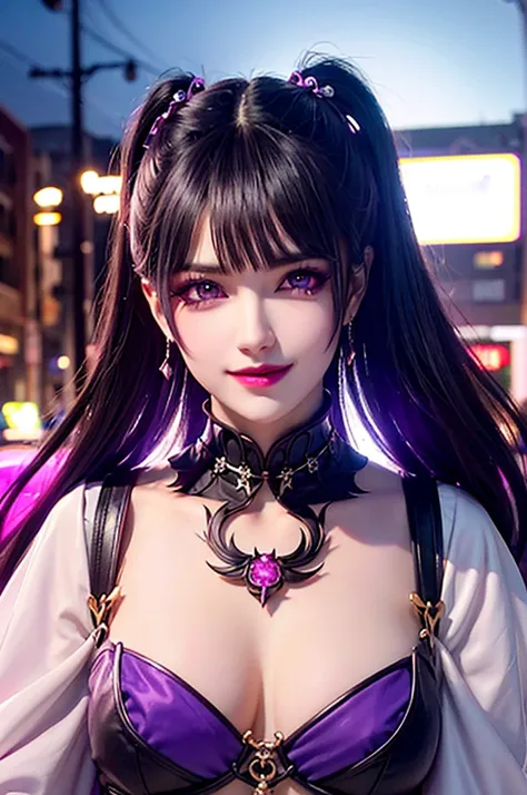 Ultra detailed young evil girl. Evil smile on her face. Villainess. Long dark floating hair. Beautiful makeup on her face. Beautiful eyelashes. Lipstick on her lips. Bright purple eyes. Crazy looking villain. Very colorful, lots of colors. Night background...