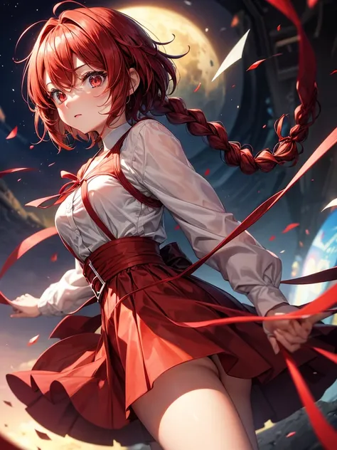  short hair anime, red, light red, tied in a braid 

