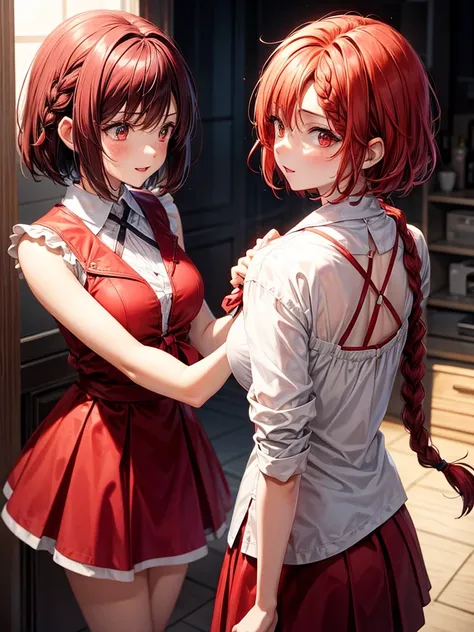  short hair anime, red, light red, tied in a braid 

