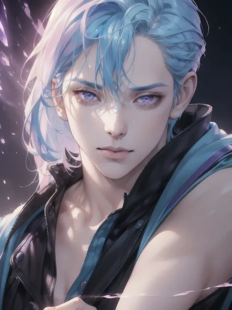 a young man with light blue hair and purple eyes looking at a blonde haired woman with pink eyes using magic to heal his wounds, (best quality,4k,8k,highres,masterpiece:1.2),ultra-detailed,(realistic,photorealistic,photo-realistic:1.37),detailed facial fea...