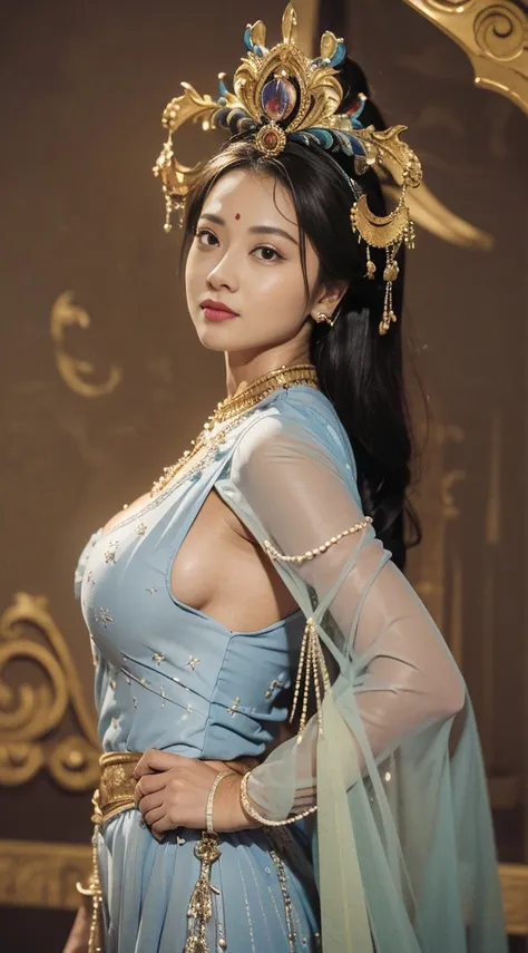 masterpiece, best quality, 1 girl, alone, ((adult))，(huge breasts)， long hair，Micro thong，happy, looking at the audience, Dunhuang Mogao Grottoes, (background)，(precise、perfect face shape:1.3)，ultra high definition，Ray tracing,，reflected light， Correct str...