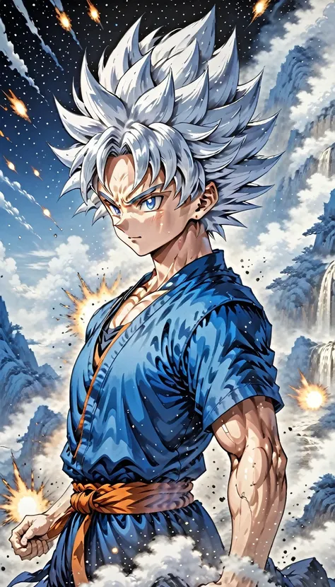 Image of GOKU SUPERIOR INSTINCT with white hair, Black and white effect around the body, Dark blue sky scenery with stars, detailled image, ultra realistic, anime version, Explosions and cinematic effects