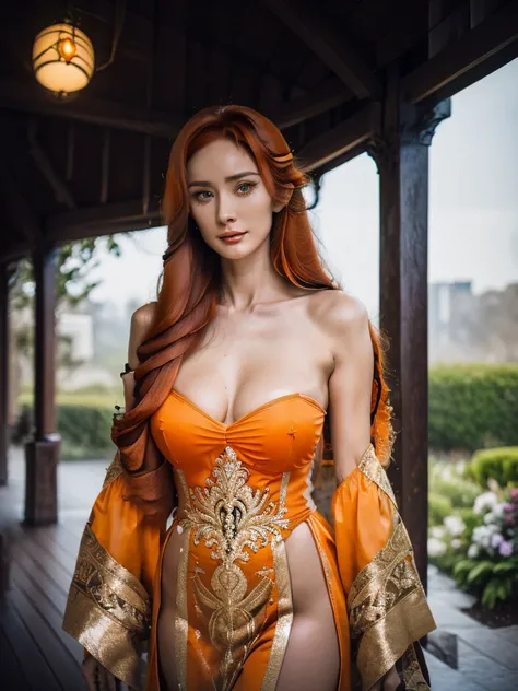 (((Giant Breasted Girl))),((((Bright orange hair:1.35,orange hair,very long hair,swirling orange hair:1.5,flowing orange hair:1.5)))),((neon amber_eyes: 1.5)))piercing amber eyes,intricate eyes,beautiful detailed eyes,symmetrical eyes,(((lustrous skin:1.5,...