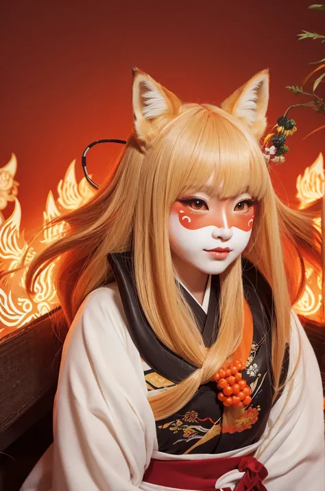 Nine tails, Kemomimi, Fox mask, Long hair, Woman, Japanese style, Illustration