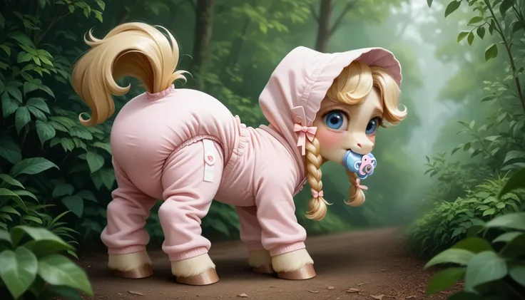 pony, beige earth pony, no horn, no wings, adult filly, lush mane braided, bushy tail, blue eyes, stands on four hooves, rear hooves spread wide apart, dressed in onesie foal, foal bonnet and foal booties, pacifier in mouth, solo, raised tail, thick diaper...