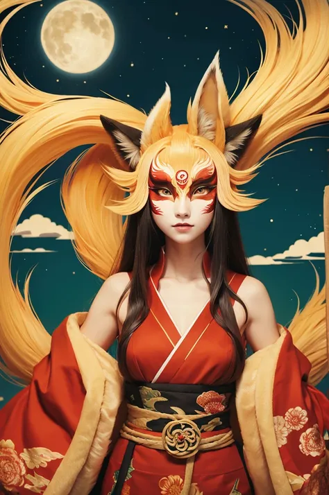 Nine tails, Kemomimi, Fox mask, Long hair, Woman, Japanese style, Illustration