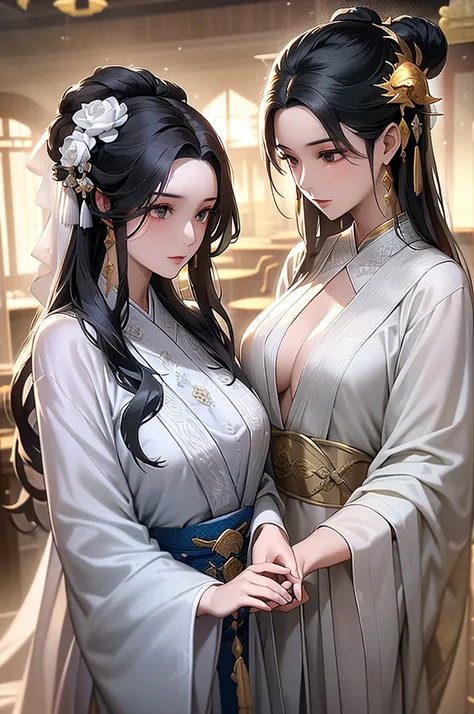 Black Hair, Immortal, Beauty, Royal sister, Stepmother, White Taoist robe, Golden Phoenix Coronet, Hair Bunch, Mature Woman