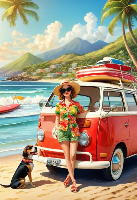 a beautiful young woman wearing sunglasses, a straw hat, a vintage aloha shirt, sandals, holding a surfboard, with a beagle dog,...