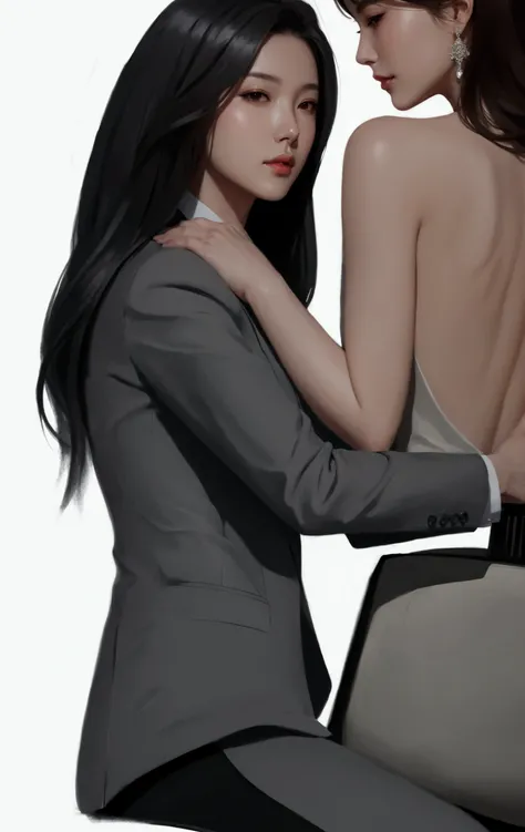 Drawing of two women in suits Formal sitting in a chair, Arms around her neck., Drawing in Anime Painter Studio, Made with Anime Painter Studio., fully dressed. Sexy paintings, Inspiration from Kim Deuksin, Look at her shoulder., Digital art of elegance, h...