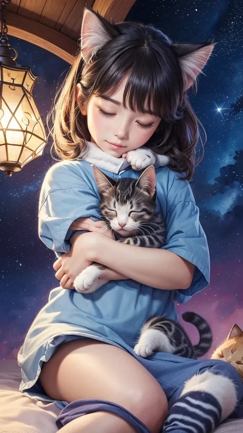 (high quality、In 8K、Ultra HD)、(little kitten sleeping in your palm　1 animal)、Pattern and color are random、nice、Intricately detailed watercolor painting、Digital Painting、Fantasy、Under the stars