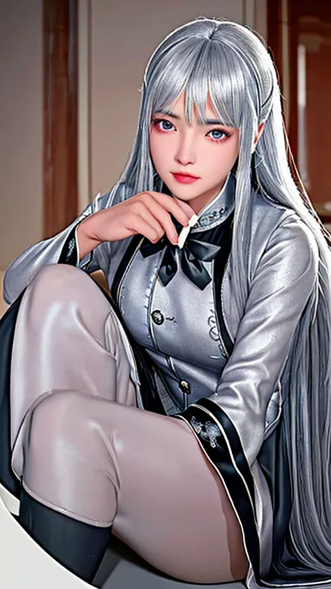 beautiful girl　Knee-high　Silver Hair　uniform　Beautiful face like an actress　