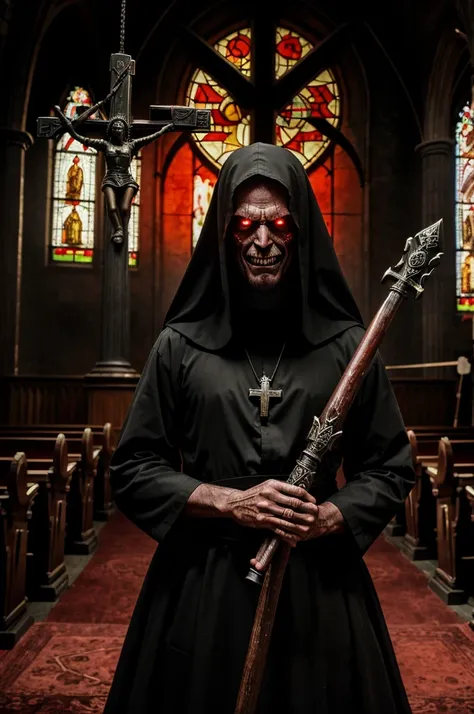 A hauntingly realistic image of a demonic figure with red, glowing eyes and a menacing grin. The creature holds a variety of weapons in its hands, including a cross, a pitchfork, and a bishops crozier. The background reveals an eerie, old church with stain...