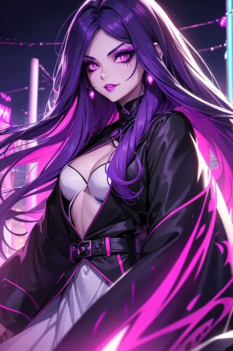 Ultra detailed young evil girl. Evil smile on her face. Villainess. Long dark floating hair. Beautiful makeup on her face. Beautiful eyelashes. Lipstick on her lips. Bright purple eyes. Crazy looking villain. Very colorful, lots of colors. Night background...