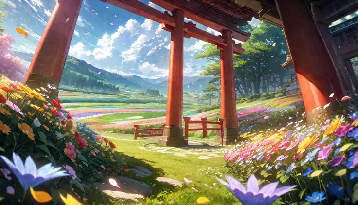  anime aestetics, anime scenery, japanese torii gate standing in the open field, a few stones on the field, diverse landscape, beautifl atmosphere, breathtaking atmosphere, field filled with colorful flowers, peaceful atmosphere, petals flying in the air, ...