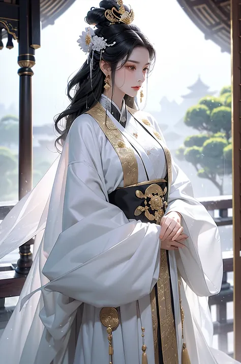 black hair, immortal, beauty, royal sister, stepmother, white taoist robe, golden phoenix coronet, hair bunch, mature woman