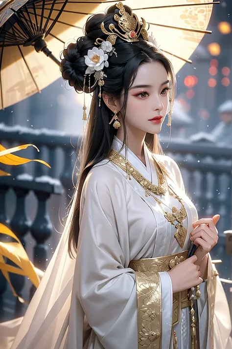 black hair, immortal, beauty, royal sister, stepmother, white taoist robe, golden phoenix coronet, hair bunch, mature woman