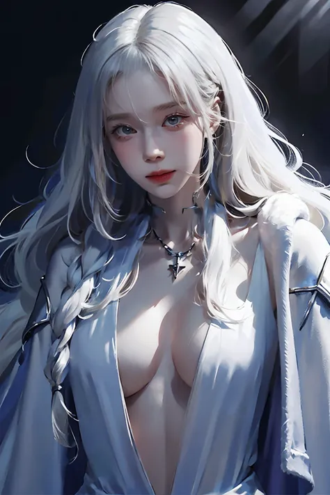 ((woman with tattoo on chest)), girl, ((long white hair with bangs,, Black strands of hair)), Purple eyes, White T-shirt and white cape, Pendant around the neck. 超High resolution.Realistic. 超High resolution.Realistic:1.4,超High resolution. Realistic，High re...