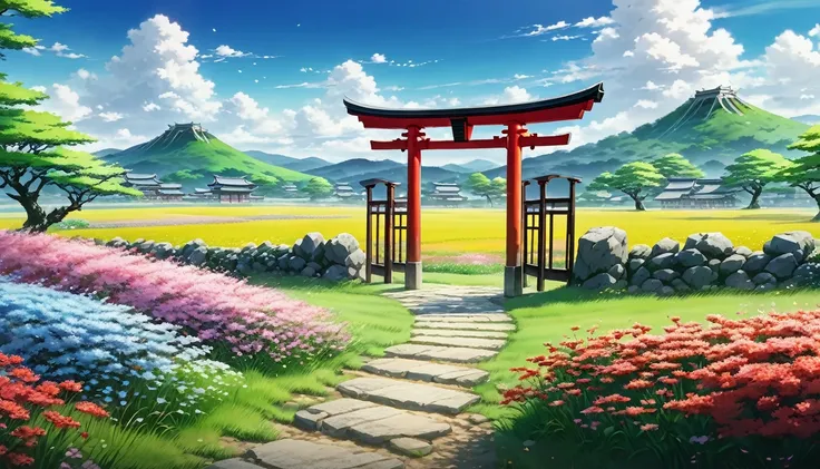  anime aestetics, anime scenery, japanese torii gate standing in the open field, a few stones on the field, diverse landscape, beautifl atmosphere, breathtaking atmosphere, field filled with colorful flowers, peaceful atmosphere, petals flying in the air, ...