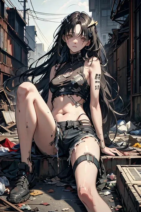 highest quality, masterpiece, dilapidated,machine body girl,tattered clothes,skin with machine parts sticking out,filmography,bl...