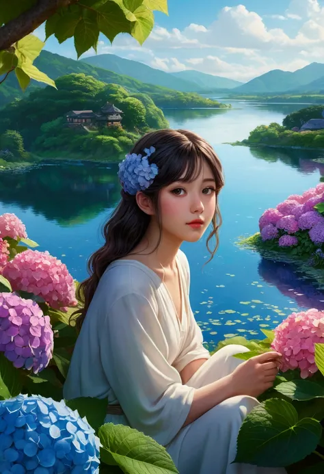 A beautiful girl with detailed eyes, nose, and lips sitting in a lush garden, surrounded by vibrant hydrangea flowers, a serene lake, a small hill, and a winding pebble path, in a stunning anime art style, highly detailed, best quality, 8K resolution