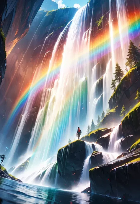 a ((low angle shot: 1.5)), from below of an epic waterfall, there is an epic waterfall coming out of an epic cliff, the water coming down in earnest, there is a rainbow reflected on the  water, vibrant, Ultra-high resolution, High Contrast, (masterpiece:1....