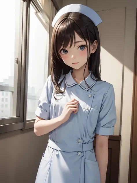 masterpiece, best quality, 1girl, solo, 10years old, flat chest, shoulder length hair, blue nurse uniform, examining room, portr...