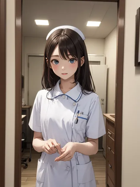 masterpiece, best quality, 1girl, solo, 10years old, flat chest, shoulder length hair, blue nurse uniform, examining room, portr...