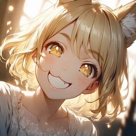  (Cute a girl:1.5), (a girl with blonde middle hair, Blonde eyes, blonde fox ears,,smilng,(^ w^), 
:1.4), anime visual, (tilt head:1.3), realistic lighting and shading,muted colors,soft focus, (an extremely delicate and beautiful art:1.3),