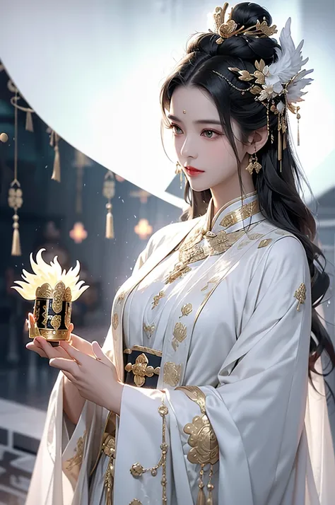 Black Hair, Immortal, Beauty, Royal sister, Stepmother, White Taoist robe, Golden Phoenix Coronet, Hair Bunch, Mature Woman