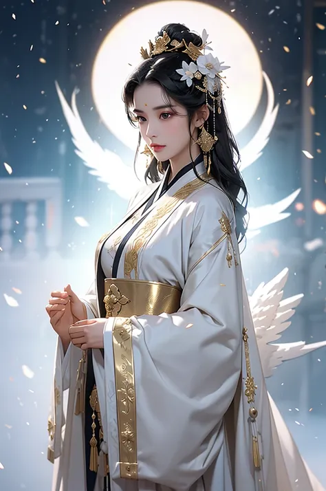 black hair, immortal, beauty, royal sister, stepmother, white taoist robe, golden phoenix coronet, hair bunch, mature woman