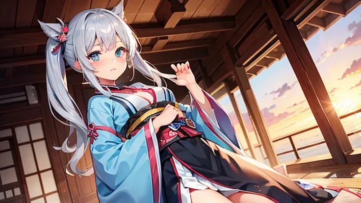 1girl in, Silver Shorthair, sky-blue eyes, kimono skirt, shrines, Cute, blush, medium breasts⁩, Sunset, Best Quality++, Highest Quality++
information
