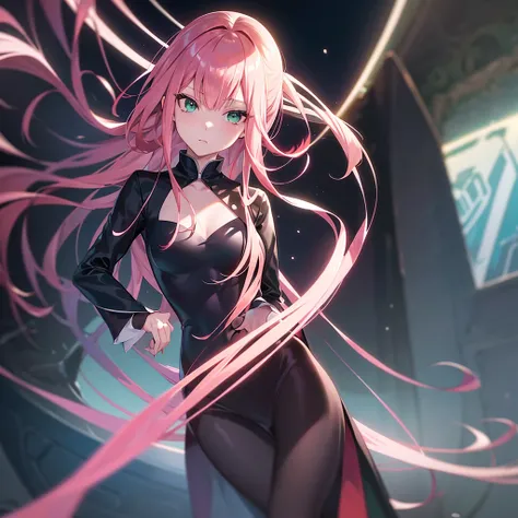 anime style, 1 girl, Zero Two del anime “darling in the franxx”, beautiful pink hair girl, green eyes, wearing a low-cut black dress, medium chest and medium hips, he would be, landscape a luxurious mansion