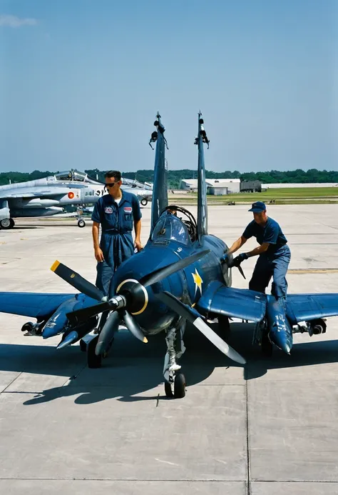 8K quality, ultra-high definition realism, F4-U Corsair fighter, during the Korean War, wings folded and undergoing maintenance on the runway, aircraft maintenance crew are dressed casually, there are two maintenance crew members, fully equipped with weapo...