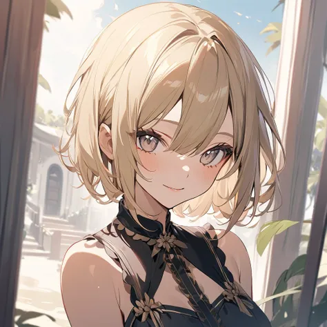  (Cute a girl:1.5), (a girl with Grey bob cut, bangs between eyes, blonde eyes, sleeveless summer dress, small breasts, smiling, 
:1.4), anime visual, (tilt head:1.3), realistic lighting and shading,muted colors,soft focus, (an extremely delicate and beaut...