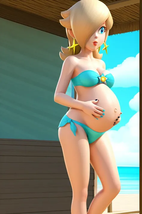 score_9, score_8_up, 1girl, solo, rosalina, style parody, thick outlines, bikini, top, panties, pregnant belly, big belly, sleeveless, strapless, cleavage, indoors, beach, black nails, complete body, perfect, blue nails,