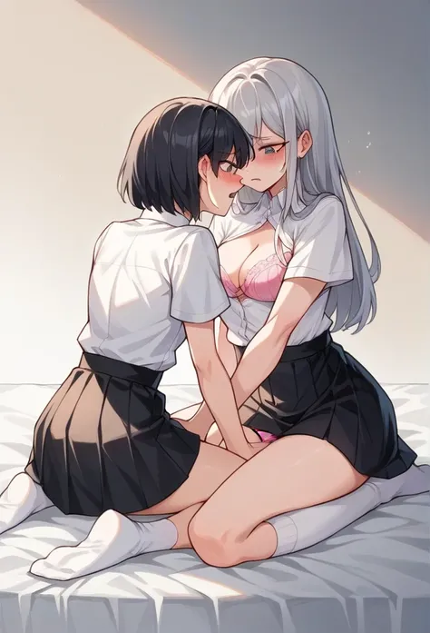 NSFW,vulgarity,Yuri[:1.5],2girls[:1.5],,Silver hair, cute girl, embarrassing, White blouse, black knee-length skirt, Black knee-high socks,,on the bed,Pink Bra,Pink Panties,,,,Crotch grabbed,,Long Black Hair,White socks､,