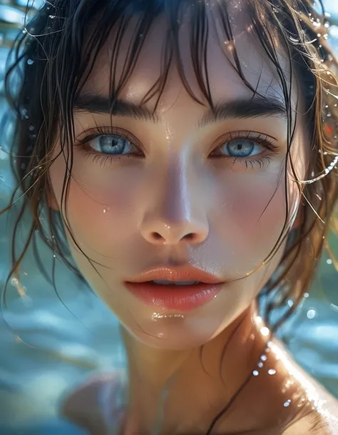 High quality, high resolution, best composition, one beautiful woman, face only out of the water, mouth hidden, sexy hot face, erotic, sexual gaze, beautiful eyes with details, small face, short cut, real skin.