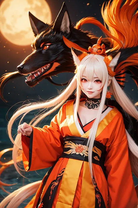 Anime Nine Tails Kemomimi Fox Mask Long Hair Woman Japanese Style Illustration