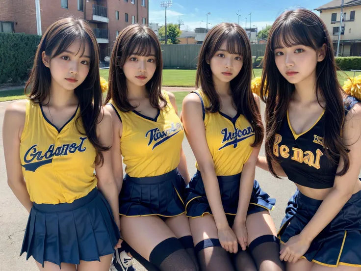 masterpiece, best quality, illustration, Super detailed, fine details, High resolution, 8K,wall paper, perfect dynamic composition,(Details High quality, realistic depiction of eyes:1.3), (3 girls), BREAK (cheerleader uniform with yellow as basic color:1.3...