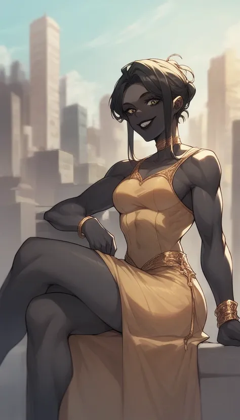 black buff strong trans woman character, muscle arms, muscle body, buff body, tall woman, black skin, full black skin, strong ar...