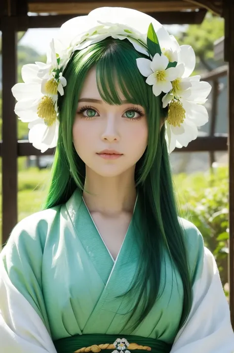 Green eyes, green hair, long hair, beautiful white woman, kimono, front view, flower decoration on head