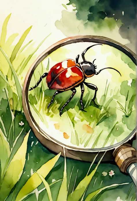 beetle through a magnifying glass in the grass, watercolor